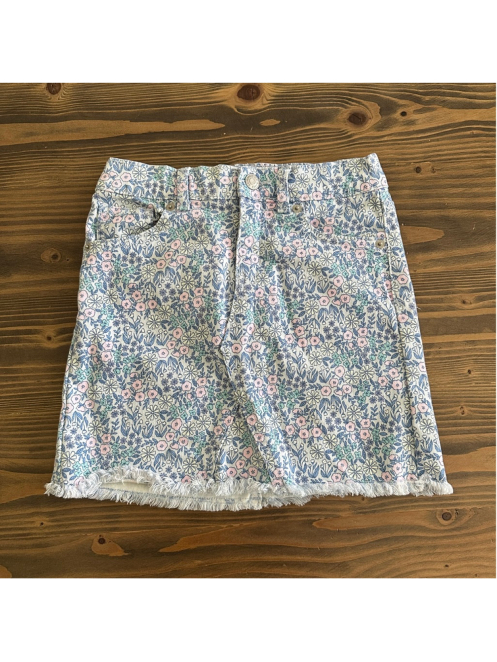 Cat & Jack Floral Midi Skirt Girls 7 8 White Blue Distressed Hem